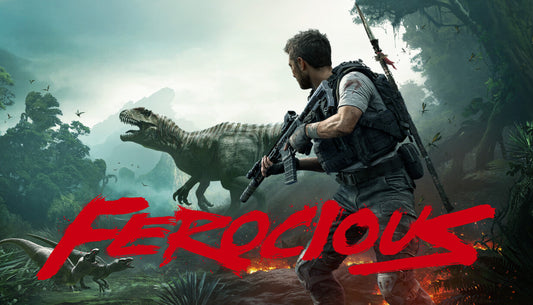 Official cover art for the action-adventure game FEROCIOUS featuring dinosaurs and a prehistoric environment.