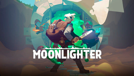 Official cover art for the action RPG Moonlighter featuring a character standing before a glowing, mystical dungeon portal.