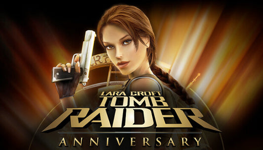 Official cover art for Tomb Raider: Anniversary featuring Lara Croft in an action pose within an ancient tomb.