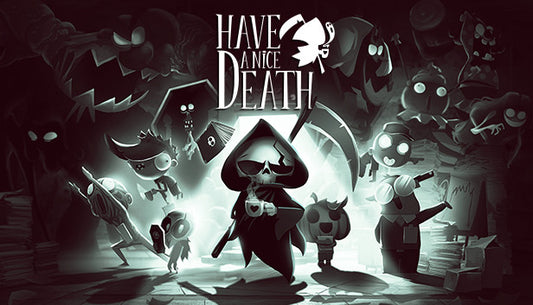 Hand-drawn cover art for the roguelike game Have a Nice Death featuring Death holding a scythe in a gothic setting.