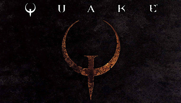 Official cover art for the first-person shooter Quake featuring the iconic orange nail logo on a dark, textured background.