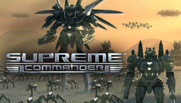 Official cover art for the real-time strategy game Supreme Commander featuring massive robotic units and futuristic warfare.