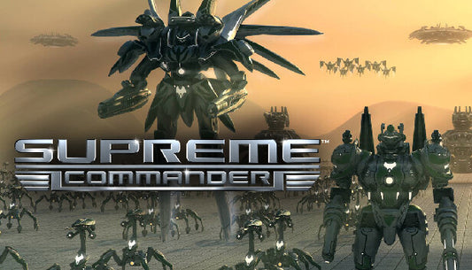 Official cover art for the real-time strategy game Supreme Commander featuring massive robotic units and futuristic warfare.