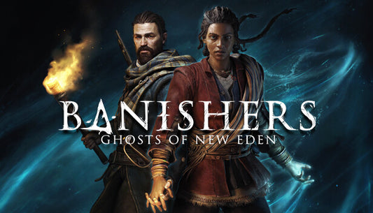 Official cover art for Banishers: Ghosts of New Eden featuring the two main protagonists in a dark, supernatural setting.