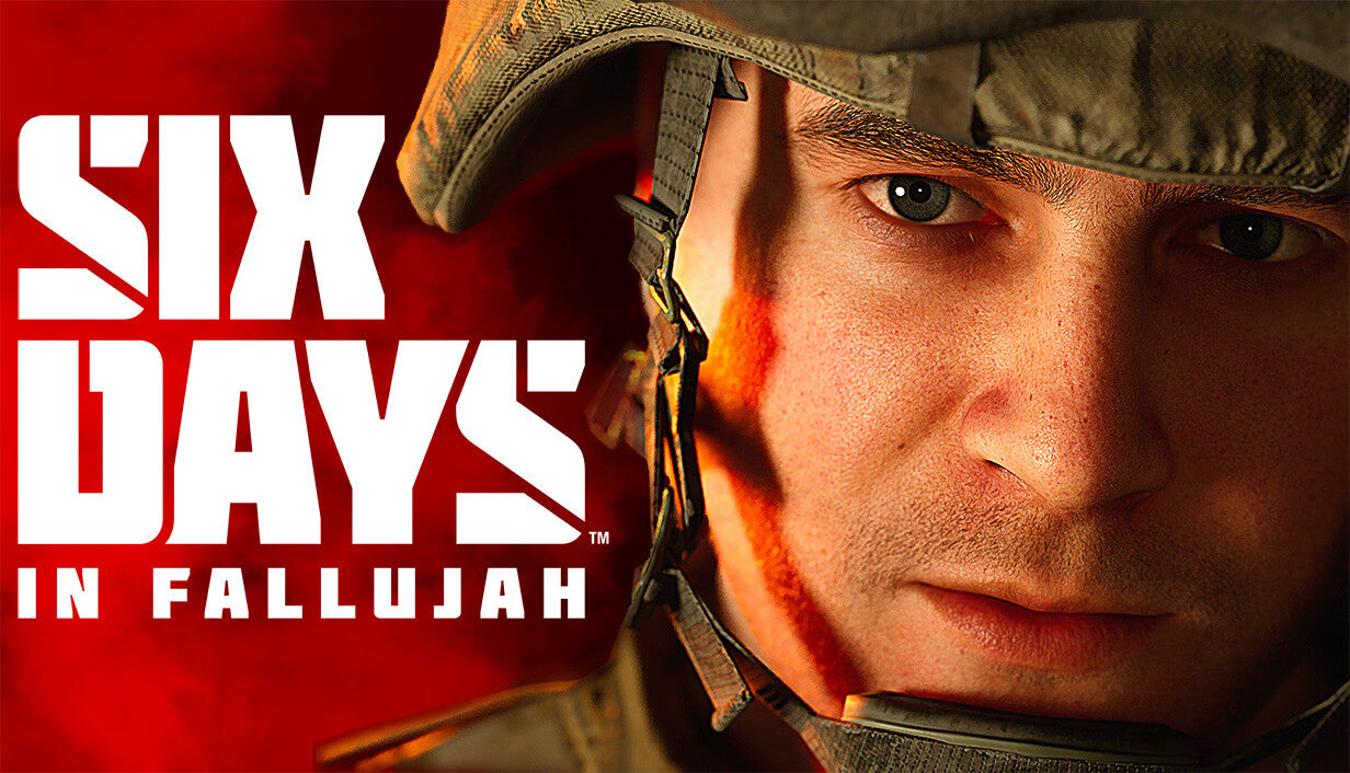 Official cover art for the tactical first-person shooter Six Days in Fallujah showing military personnel in a combat zone.