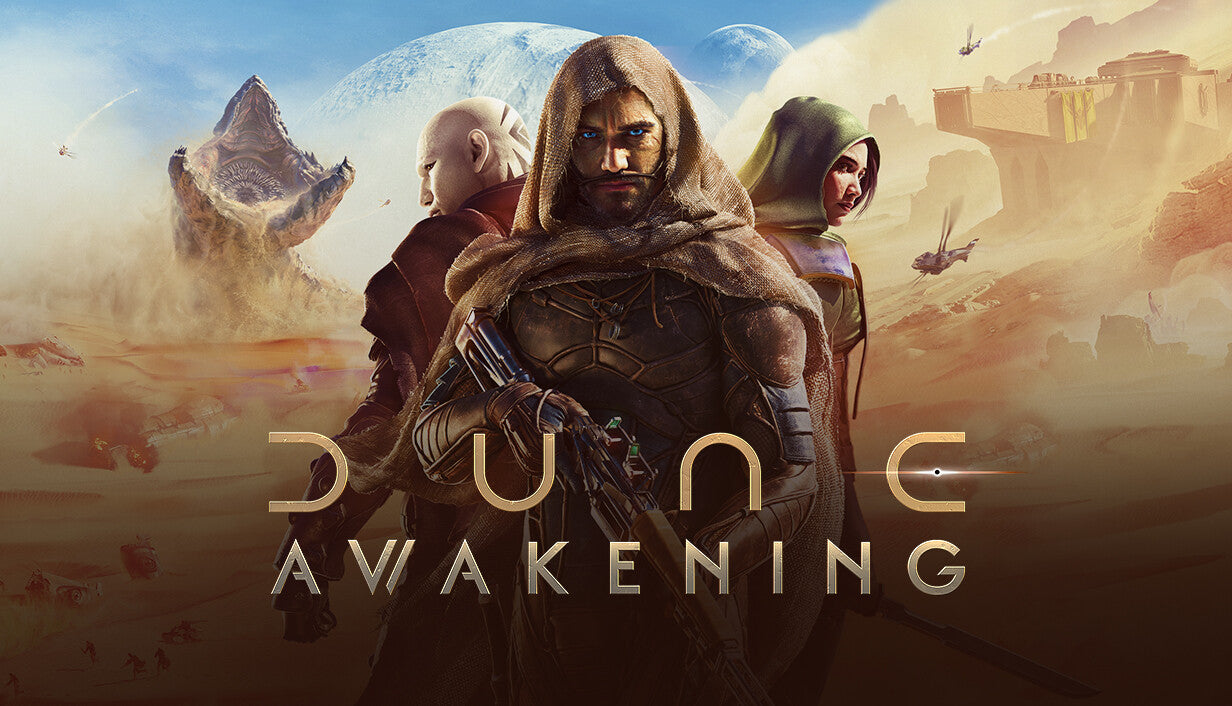 Official cover art for the open-world survival game Dune: Awakening featuring a lone figure standing in a vast desert landscape.