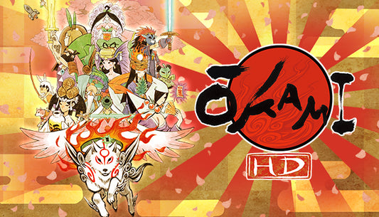Artistic cover for Okami HD featuring the sun goddess Amaterasu as a white wolf in a vibrant sumi-e ink style.