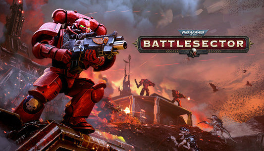 Official cover art for Warhammer 40,000: Battlesector featuring a red Blood Angels Space Marine in a combat stance.