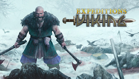 Official cover art for the strategy RPG Expeditions: Viking featuring a group of Viking warriors standing on a shore.