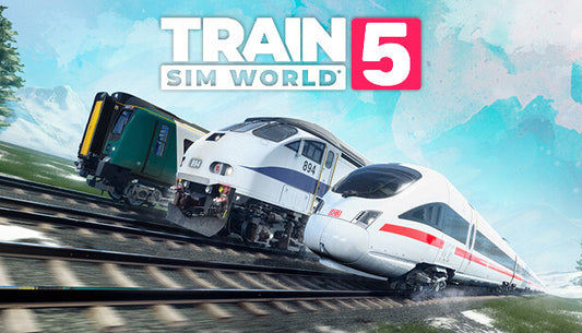 Official cover art for Train Sim World 5 featuring a modern passenger train traveling on a scenic high-speed rail line.