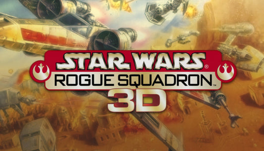 Official cover art for the game STAR WARS: Rogue Squadron 3D featuring X-wing starfighters in a space dogfight.