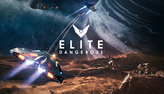 Official cover art for Elite Dangerous featuring a sleek spacecraft flying through a vibrant, glowing nebula in deep space.