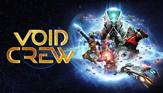 Cover art for the co-op space action-adventure roguelike game Void Crew, showing players navigating a spaceship in a sci-fi galaxy setting.
