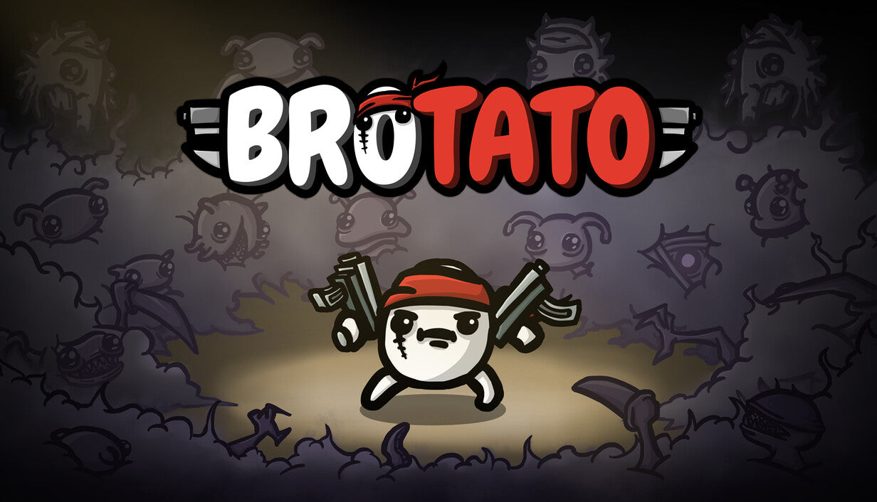 Cover art for Brotato, featuring a tough, round potato character wearing a red bandana and wielding dual submachine guns surrounded by shadowy alien monsters.