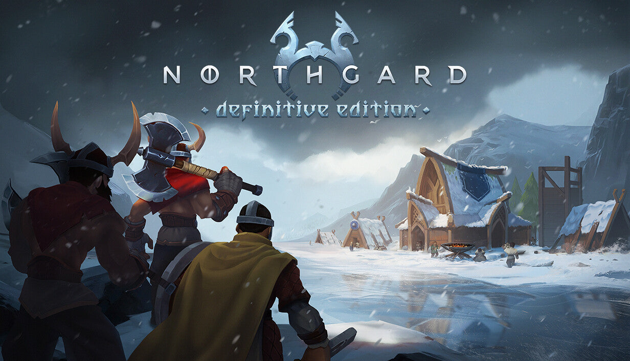 Cover art for Northgard: Definitive Edition featuring three Viking warriors looking toward a snow-covered Norse village. The warrior in the center wears a yellow cloak, while the warrior to the left holds a large battle axe over his shoulder. In the background, wooden longhouses and buildings sit in a frozen, wintry landscape under a cloudy sky. The game's silver metallic logo "NORTHGARD" is centered at the top with "definitive edition" written below it in stylized blue text.