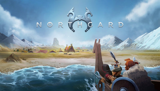 Official cover art for the strategy game Northgard featuring a Viking warrior overlooking a snowy mountainous landscape.