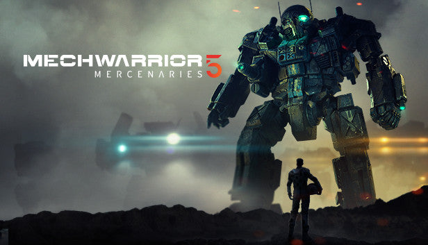 Action-oriented cover art for MechWarrior 5: Mercenaries featuring a colossal BattleMech in a combat environment.