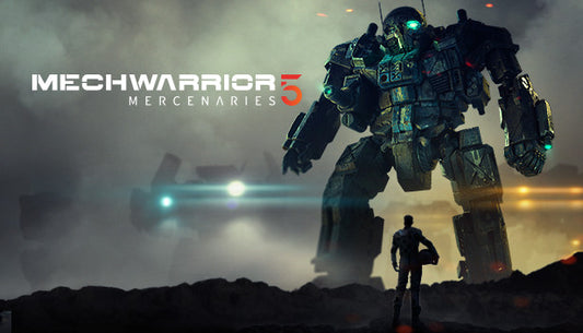 Action-oriented cover art for MechWarrior 5: Mercenaries featuring a colossal BattleMech in a combat environment.