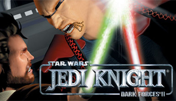 Official cover art for the retro first-person shooter STAR WARS Jedi Knight: Dark Forces II featuring cinematic sci-fi imagery.