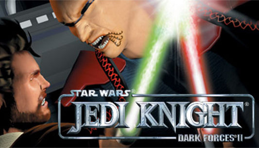Official cover art for the retro first-person shooter STAR WARS Jedi Knight: Dark Forces II featuring cinematic sci-fi imagery.