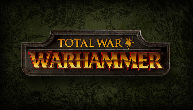 Official cover art for Total War: WARHAMMER featuring a large armored warrior and high-fantasy battlefield imagery.