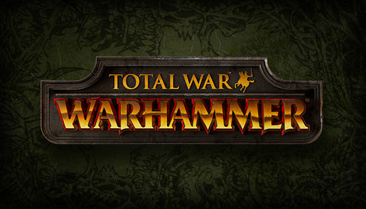 Official cover art for Total War: WARHAMMER featuring a large armored warrior and high-fantasy battlefield imagery.