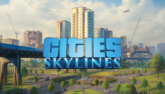 Official cover art for the city-building simulation game Cities: Skylines featuring a bird's-eye view of a modern metropolis.