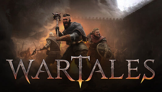 Official cover art for the tactical RPG Wartales featuring a group of mercenaries standing on a snowy mountain ridge.
