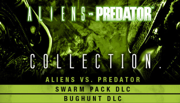 Official cover art for the Aliens VS Predator Collection bundle featuring a facehugger and a predator helmet.