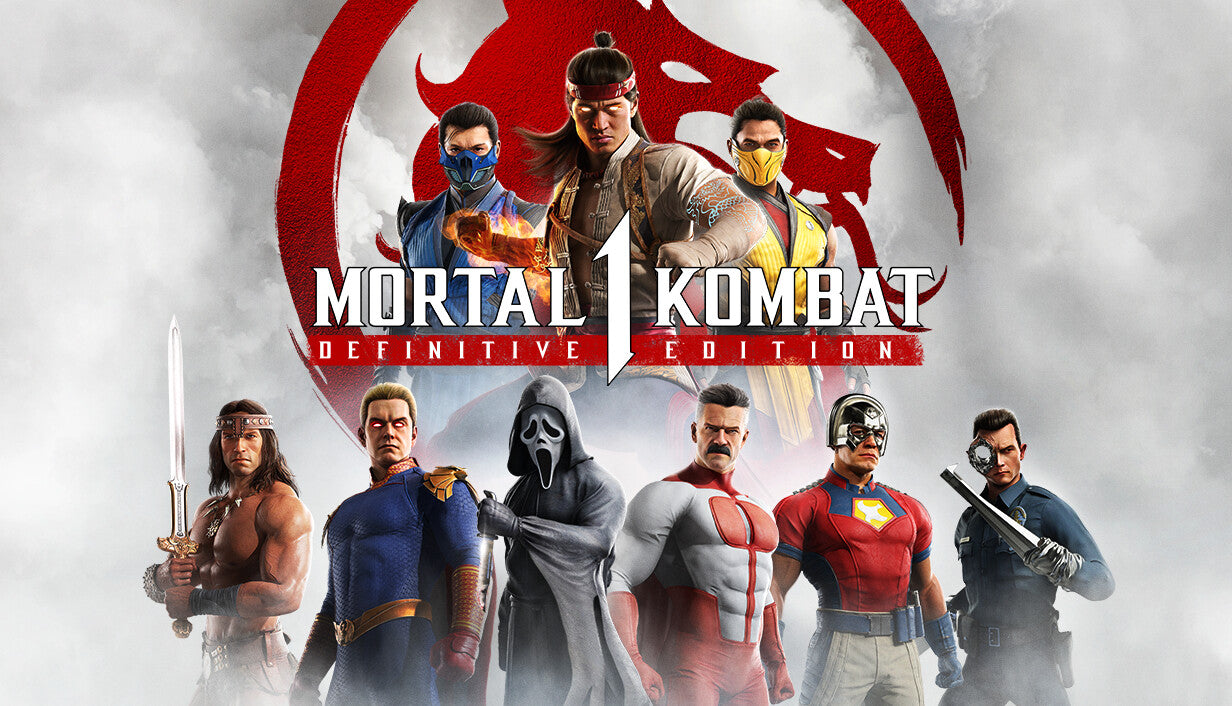 Mortal Kombat 1 Definitive Edition cover art featuring Liu Kang, Scorpion, Sub-Zero, and six guest fighters like Homelander.