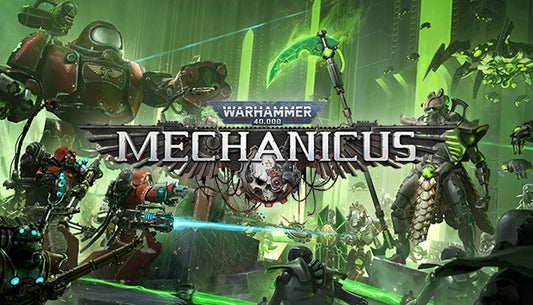 Official cover art for Warhammer 40,000: Mechanicus featuring a red-robed Tech-Priest in a dark, gothic sci-fi setting.