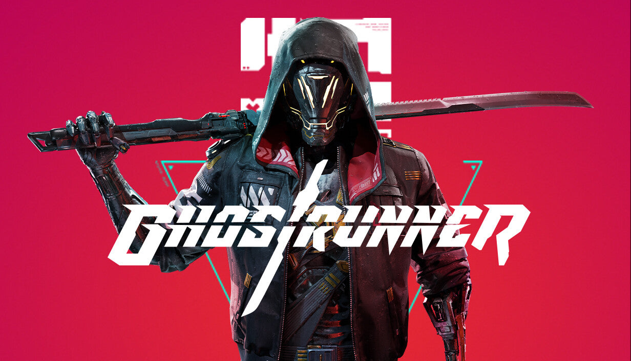 Official cover art for the cyberpunk action game Ghostrunner featuring a sword-wielding character in a dystopian setting.