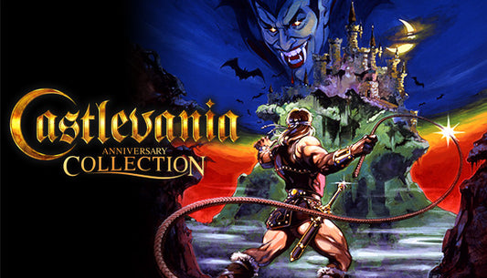 Official cover art for the Castlevania Anniversary Collection featuring classic gothic characters and a red logo.