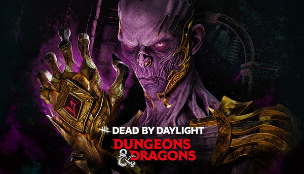 Cover art for Dead by Daylight - Dungeons & Dragons, featuring the purple-skinned undead lich Vecna staring forward while holding up a highly detailed, jeweled gauntlet.