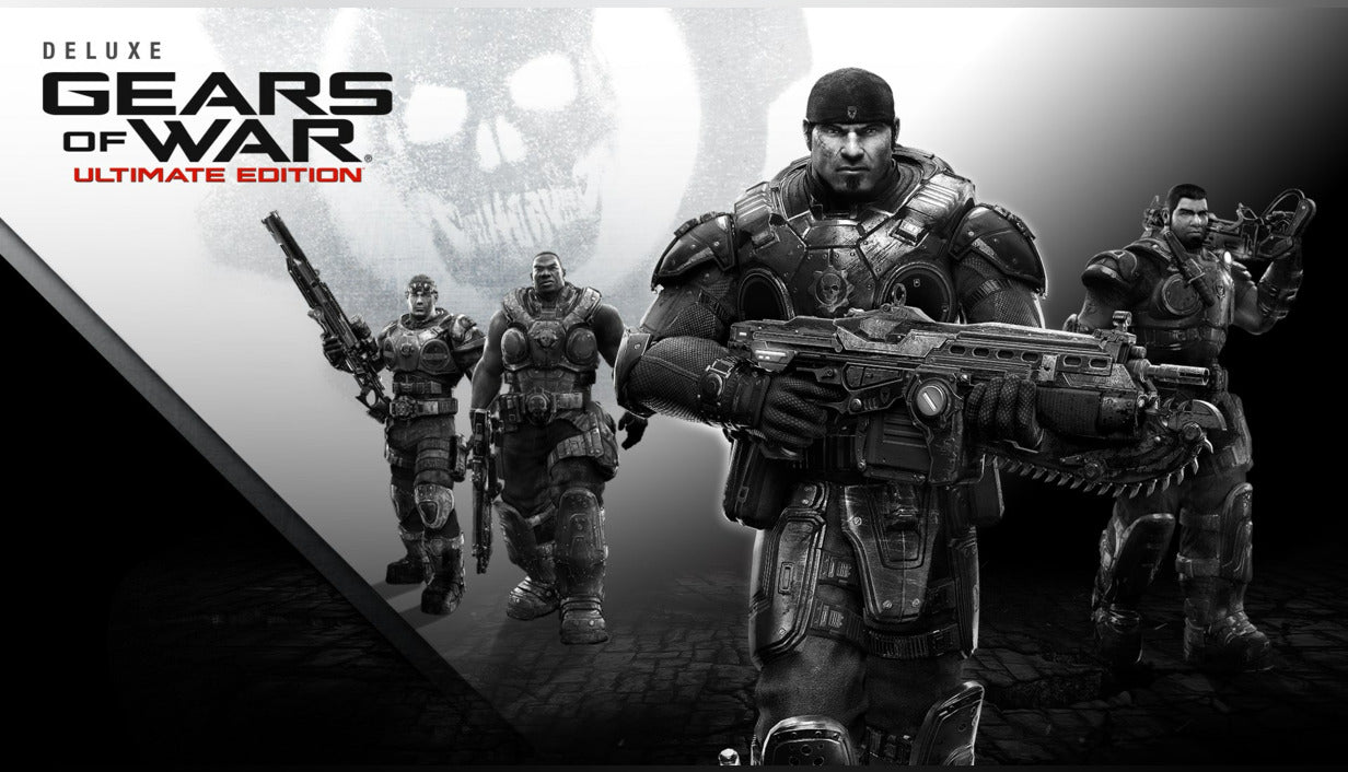 Official cover art for Gears of War Ultimate Edition Deluxe Version featuring a soldier in heavy armor holding a Lancer.