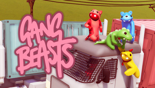 Official cover art for the multiplayer party game Gang Beasts featuring colorful, gelatinous characters fighting in a physics-based arena.