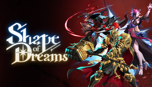 Official cover art for the action roguelike game Shape of Dreams featuring stylized characters in a surreal landscape.