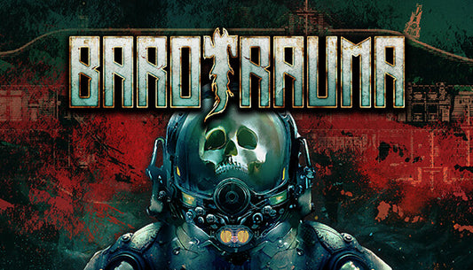 Official cover art for the sci-fi survival game Barotrauma, featuring a submarine in a dark underwater environment.