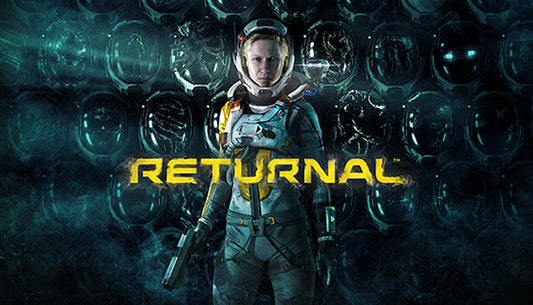 Official cover art for the roguelike third-person shooter Returnal featuring the main character in a space suit.