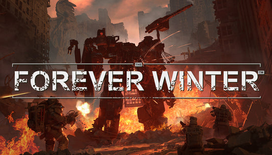 Official cover art for the tactical survival game The Forever Winter featuring a dark, post-apocalyptic sci-fi scene.