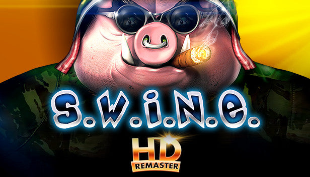 Comical cover art for S.W.I.N.E. HD Remaster showing a close-up of a tough, muscular pig wearing a military helmet, dark sunglasses, and a nose ring while smoking a lit cigar.