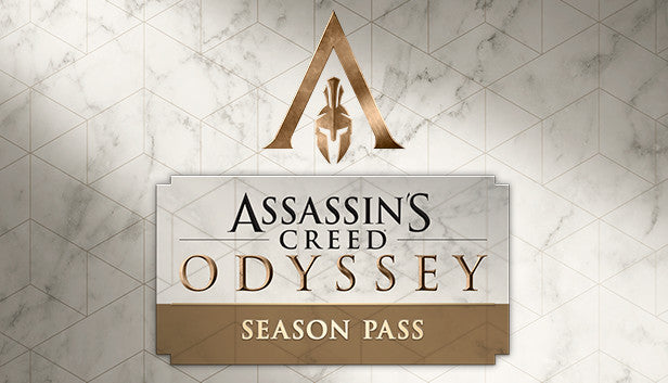 Cover art for the Assassin's Creed Odyssey Season Pass, displaying an elegant bronze Spartan helmet logo centered on a geometric white marble background.