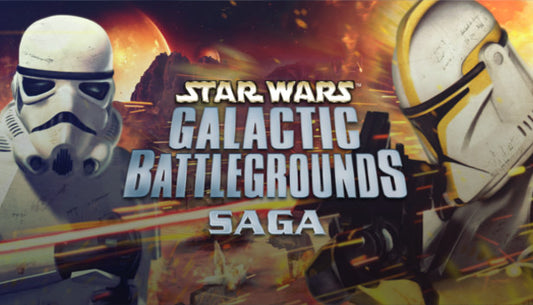 Official cover art for the strategy game STAR WARS Galactic Battlegrounds Saga featuring iconic characters and vehicles.