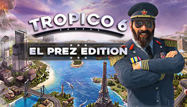 Official cover art for the strategy and simulation game Tropico 6 - El Prez Edition featuring El Presidente.