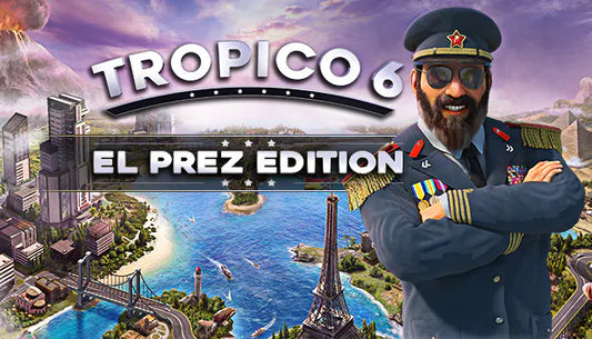 Official cover art for the strategy and simulation game Tropico 6 - El Prez Edition featuring El Presidente.