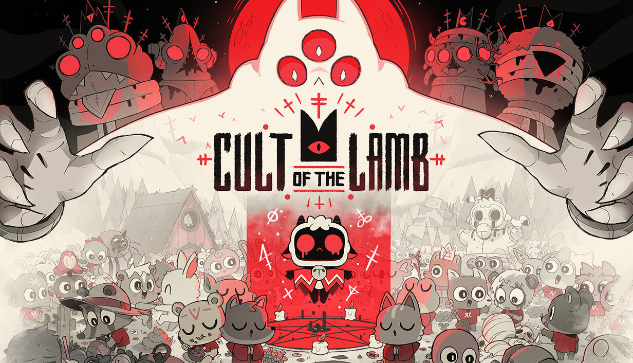 Official cover art for the roguelike game Cult of the Lamb featuring a demonic lamb standing before a dark, ritualistic crown.