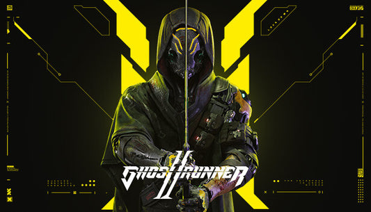 Official cover art for Ghostrunner 2 featuring a cybernetic ninja in a futuristic, neon-lit cyberpunk setting.