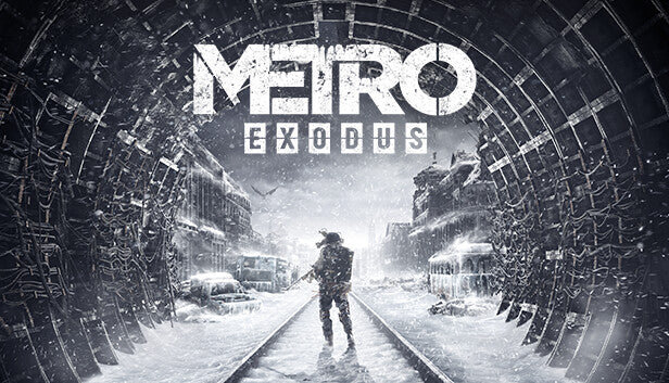 Official cover art for the post-apocalyptic shooter Metro Exodus featuring a Spartan Ranger in front of a ruined train.