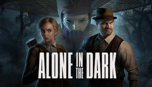 Official cover art for Alone in the Dark featuring a shadowy figure standing before a decaying Southern Gothic mansion.