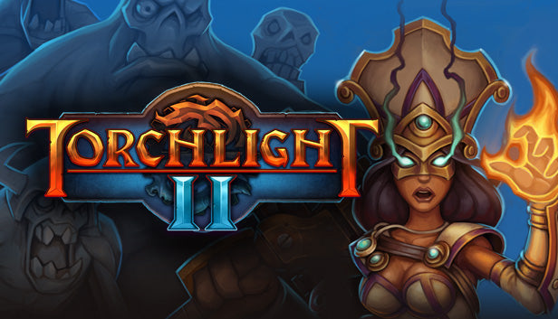 Cover art for the action RPG Torchlight II showing a female Embermage character wielding glowing flame magic.